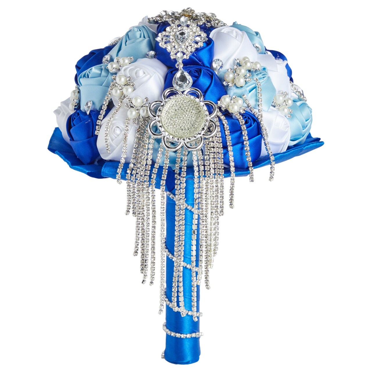 Royal Blue Satin Rose Rhinestone Bridal Bouquet with Brooch for Wedding, Quinceanera (8.5 In)